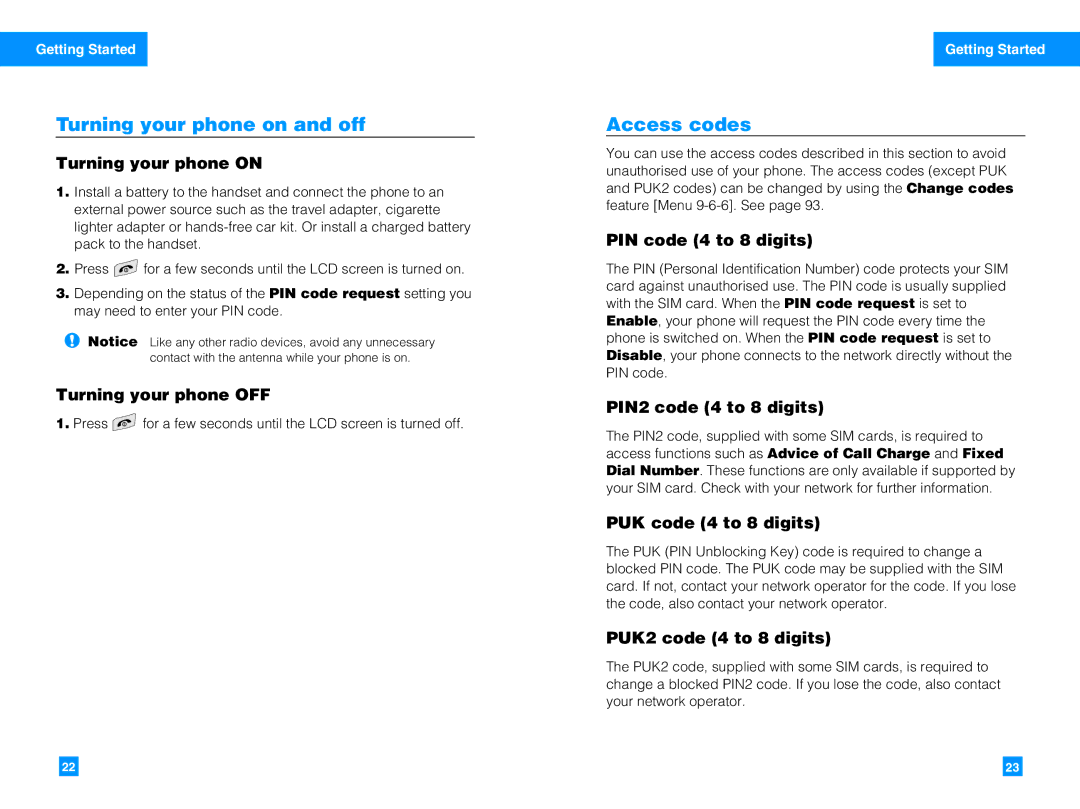 LG Electronics G7050 manual Turning your phone on and off, Access codes 