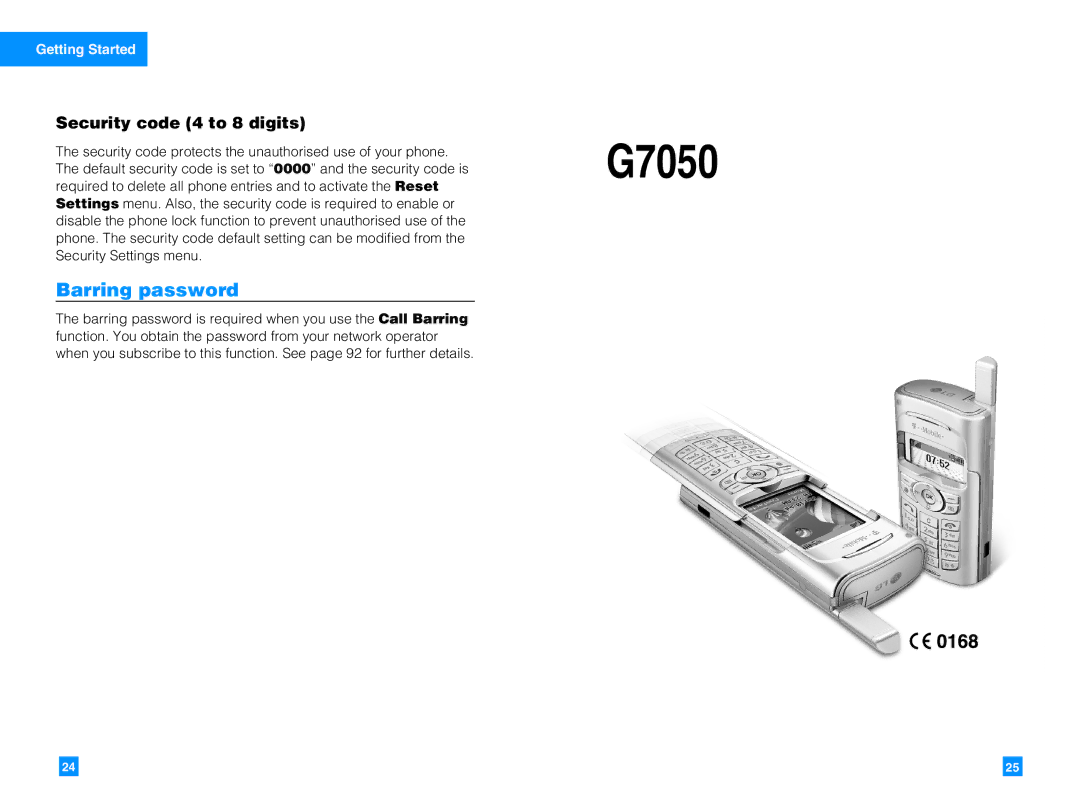 LG Electronics G7050 manual Barring password, Security code 4 to 8 digits 