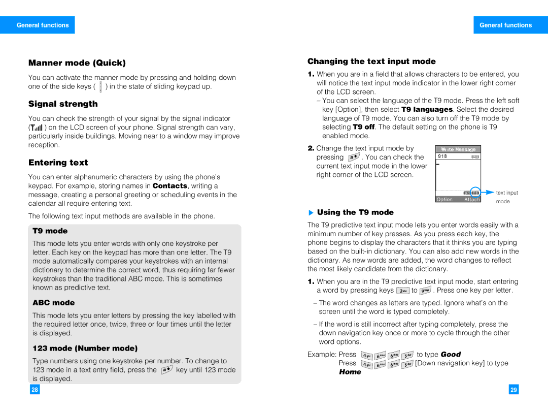 LG Electronics G7050 manual Manner mode Quick, Signal strength, Entering text 