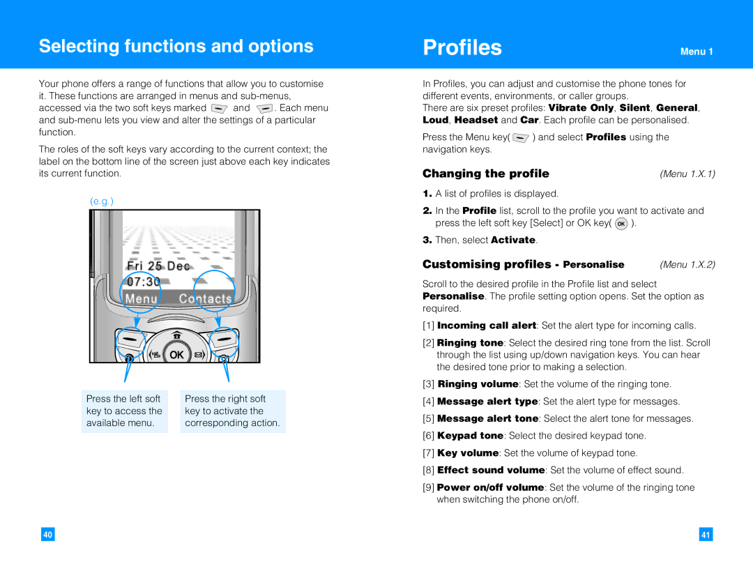 LG Electronics G7050 manual Profiles, Changing the profile, Customising profiles Personalise, Menu 