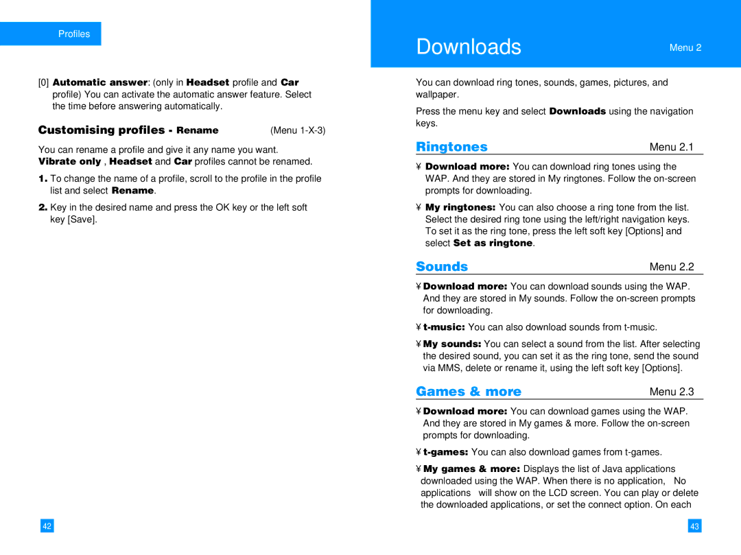 LG Electronics G7050 manual Downloads, Ringtones, Sounds, Games & more, Customising profiles Rename 