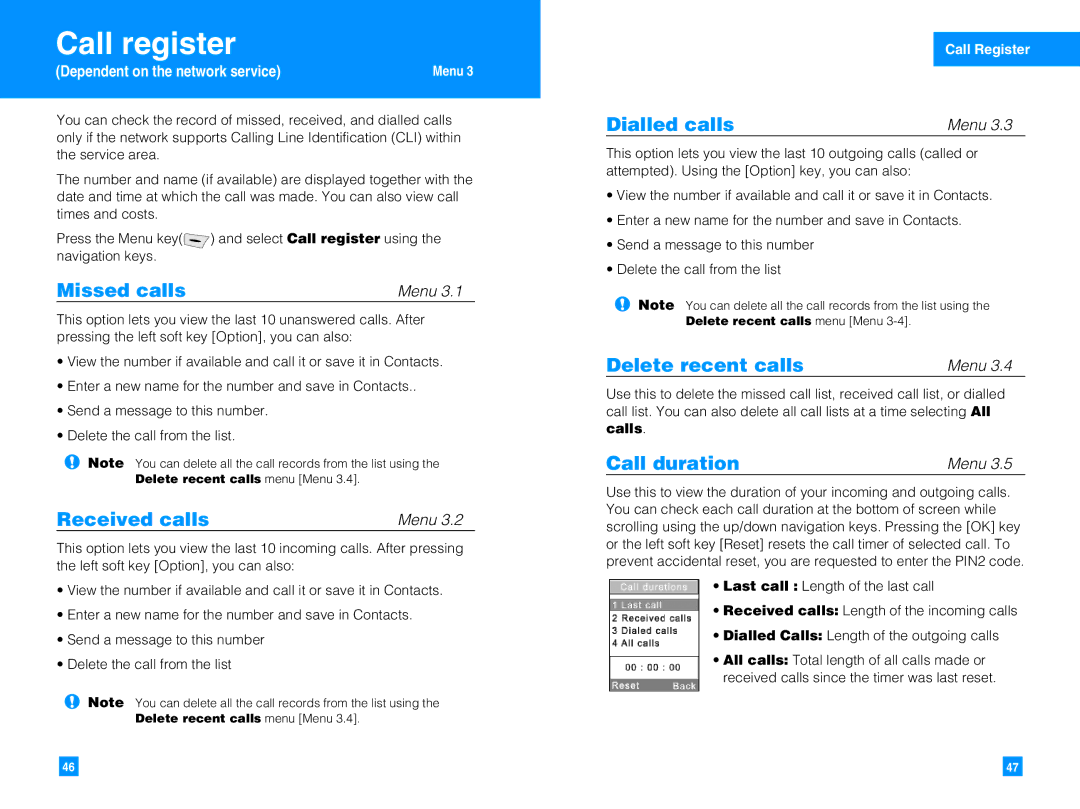 LG Electronics G7050 manual Call register, Missed calls, Received calls, Delete recent calls, Call duration 