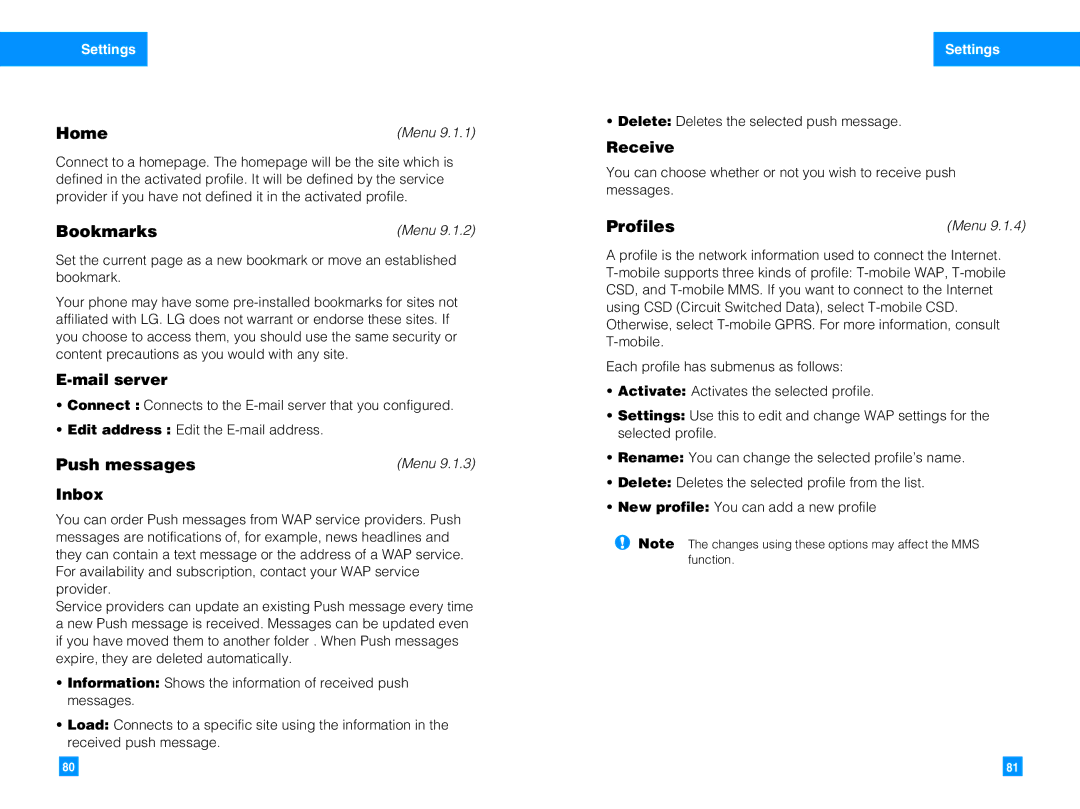 LG Electronics G7050 manual Home, Bookmarks, Push messages, Profiles 