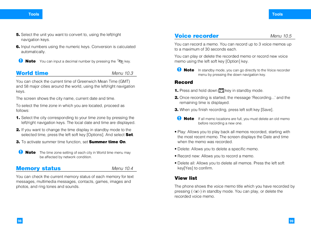 LG Electronics G7050 manual World time, Memory status, Voice recorder, Record, View list 