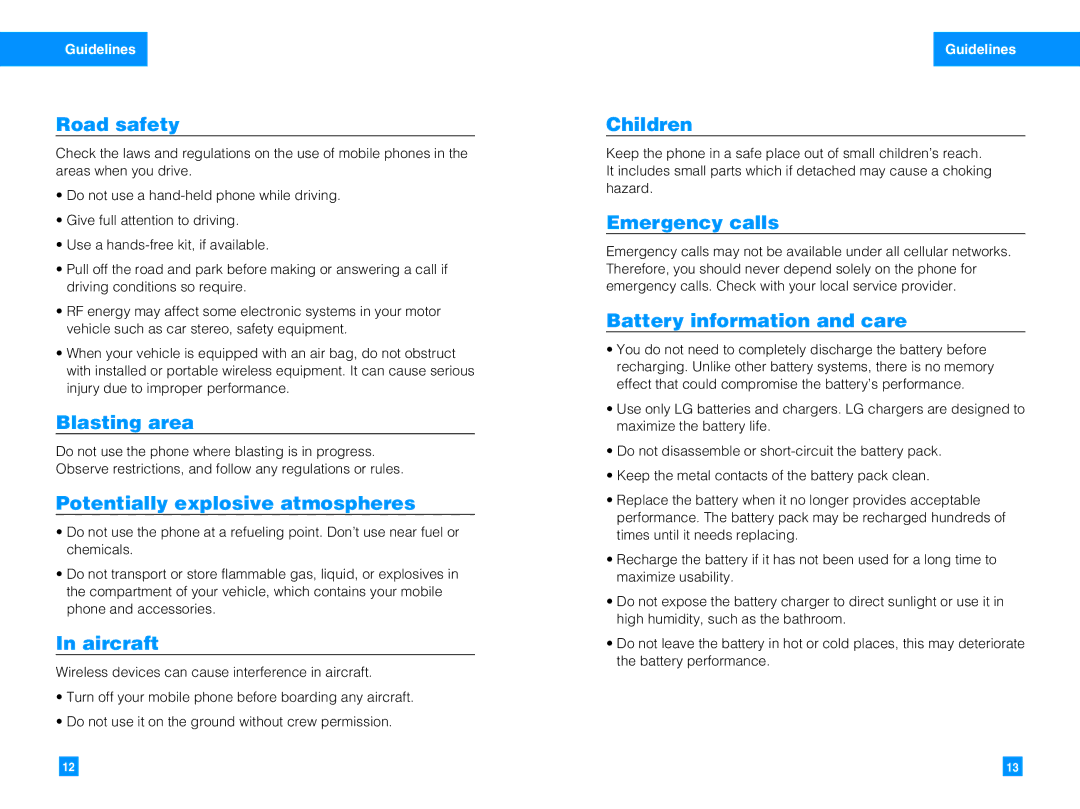 LG Electronics G7050 Road safety, Blasting area, Potentially explosive atmospheres, Aircraft, Children, Emergency calls 