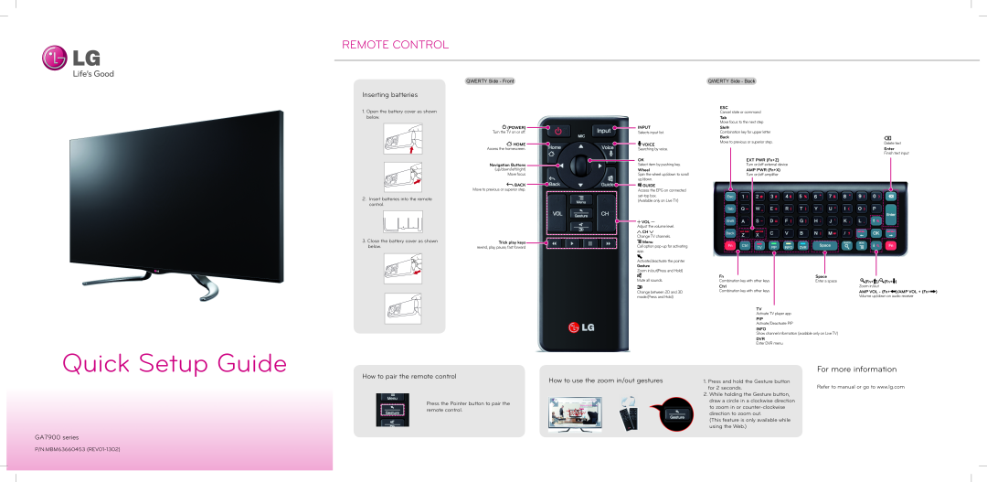 LG Electronics GA7900 series setup guide Remote Control, For more information, Quick Setup Guide, Inserting batteries 