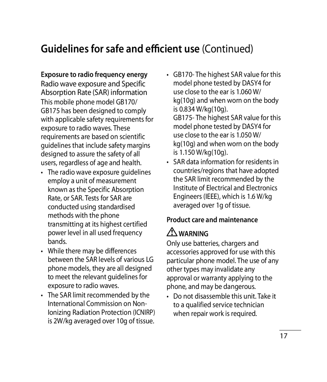 LG Electronics GB175, GB170 manual Guidelines for safe and efficient use, Product care and maintenance 