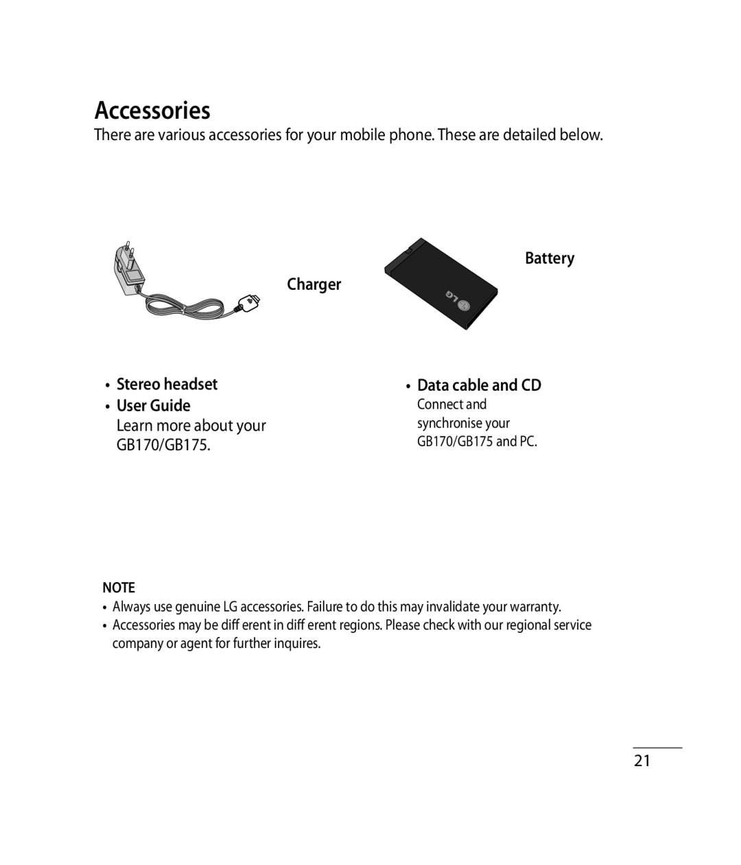 LG Electronics manual Accessories, Battery Charger Stereo headset, User Guide, Learn more about your, GB170/GB175 