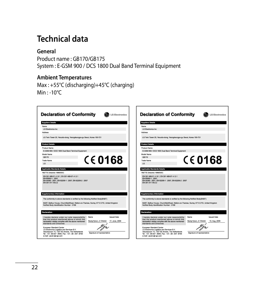 LG Electronics GB170, GB175 manual Technical data, General, Ambient Temperatures, Min -10C 