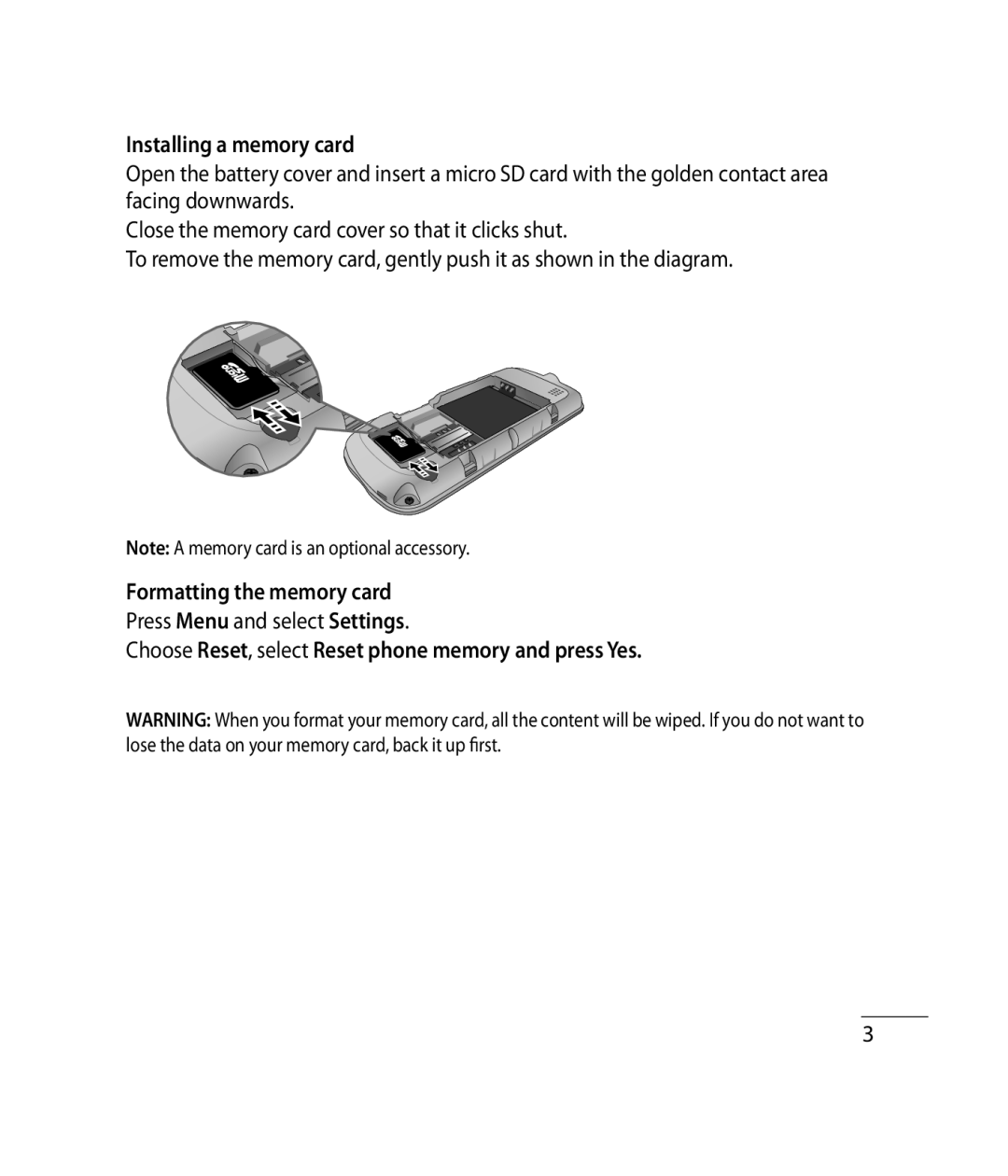 LG Electronics GB175, GB170 manual Installing a memory card, Formatting the memory card, Press Menu and select Settings 