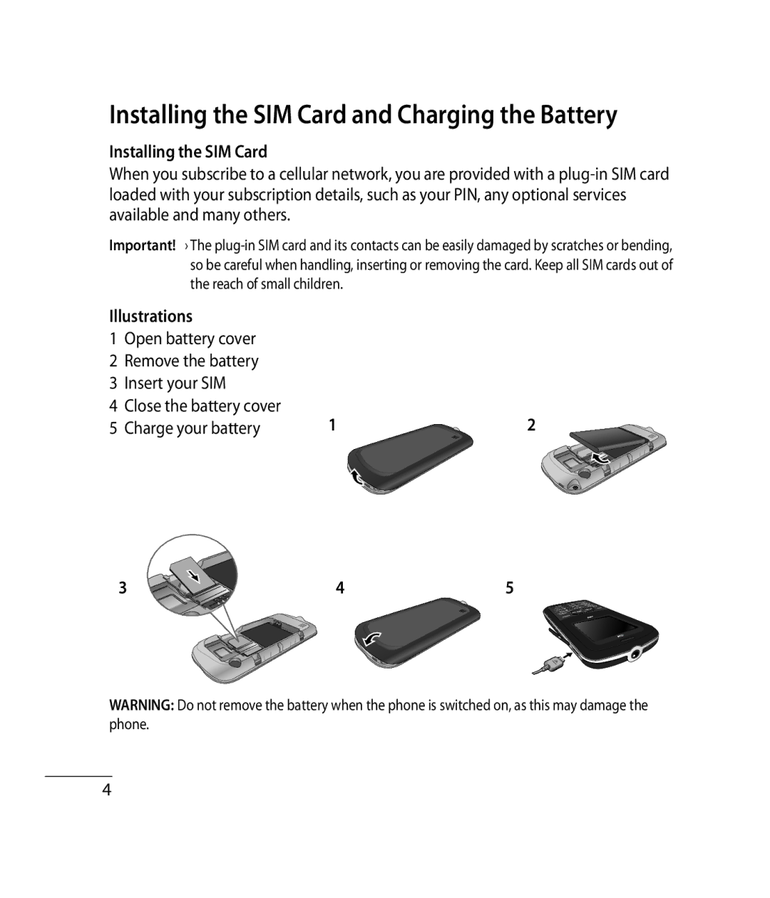 LG Electronics GB170, GB175 manual Installing the SIM Card, Illustrations, Charge your battery 