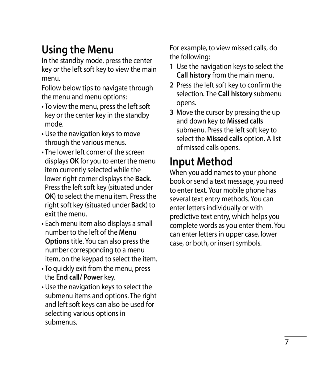 LG Electronics GB175, GB170 manual Using the Menu, Input Method, For example, to view missed calls, do the following 