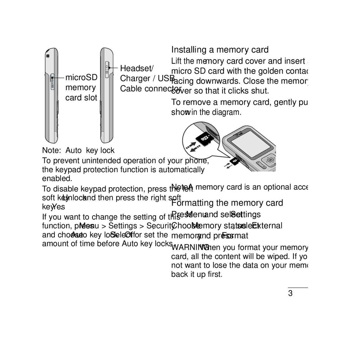 LG Electronics GB210 manual Installing a memory card, Formatting the memory card, MicroSD Headset, Memory, Card slot 