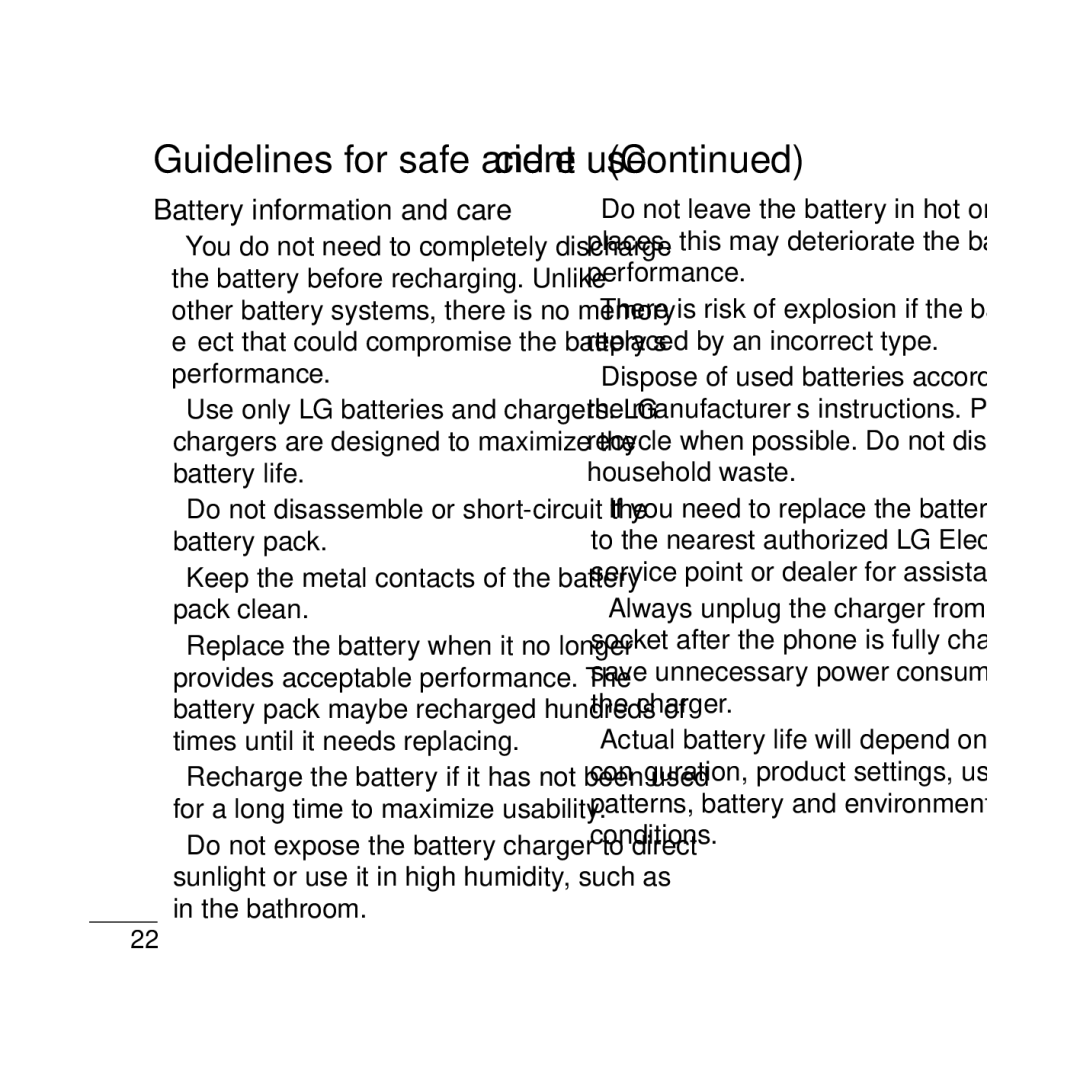 LG Electronics GB210 manual Battery information and care, Keep the metal contacts of the battery pack clean 