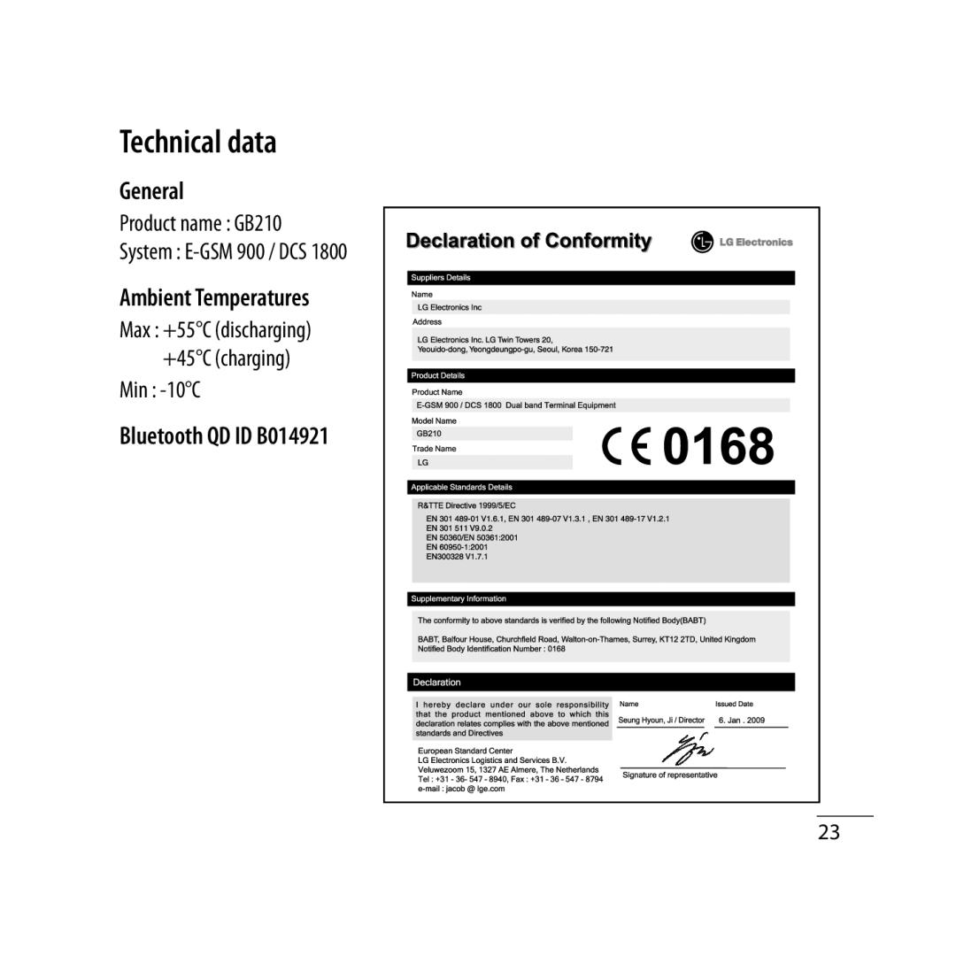 LG Electronics manual Technical data, General, Product name GB210, Max +55C discharging +45C charging Min -10C 