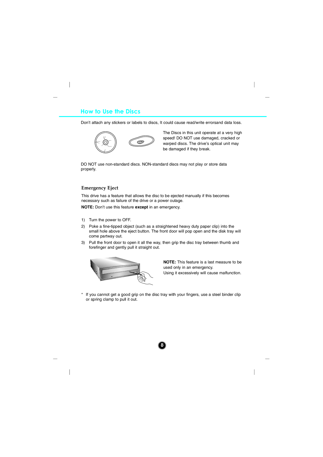 LG Electronics GBC-H20L owner manual How to Use the Discs, Emergency Eject 