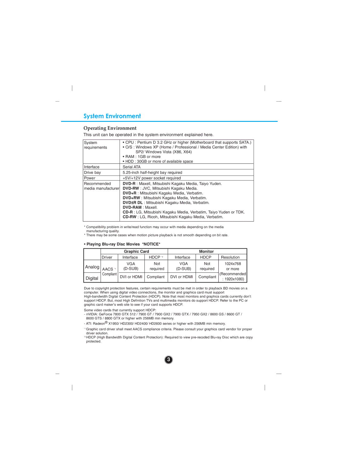 LG Electronics GBC-H20L owner manual System Environment, Operating Environment 