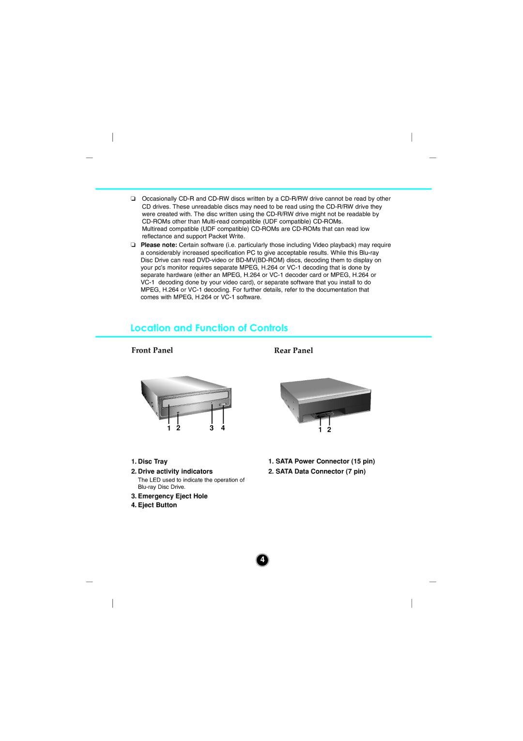 LG Electronics GBC-H20L owner manual Location and Function of Controls, Front Panel Rear Panel 