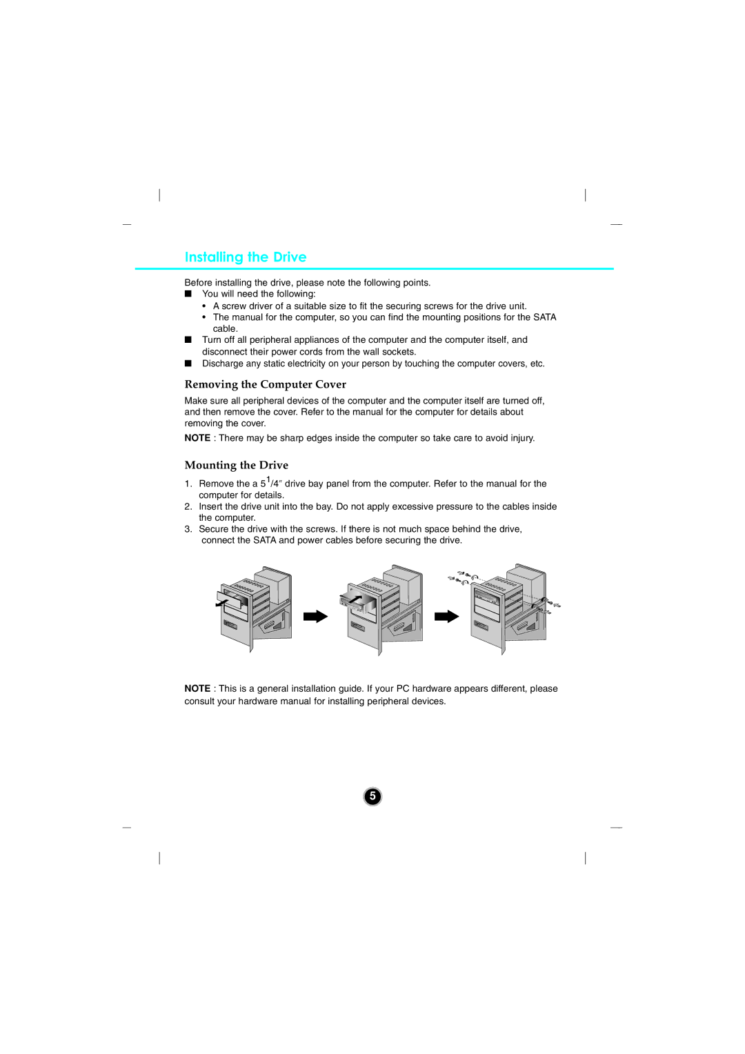 LG Electronics GBC-H20L owner manual Installing the Drive, Removing the Computer Cover, Mounting the Drive 