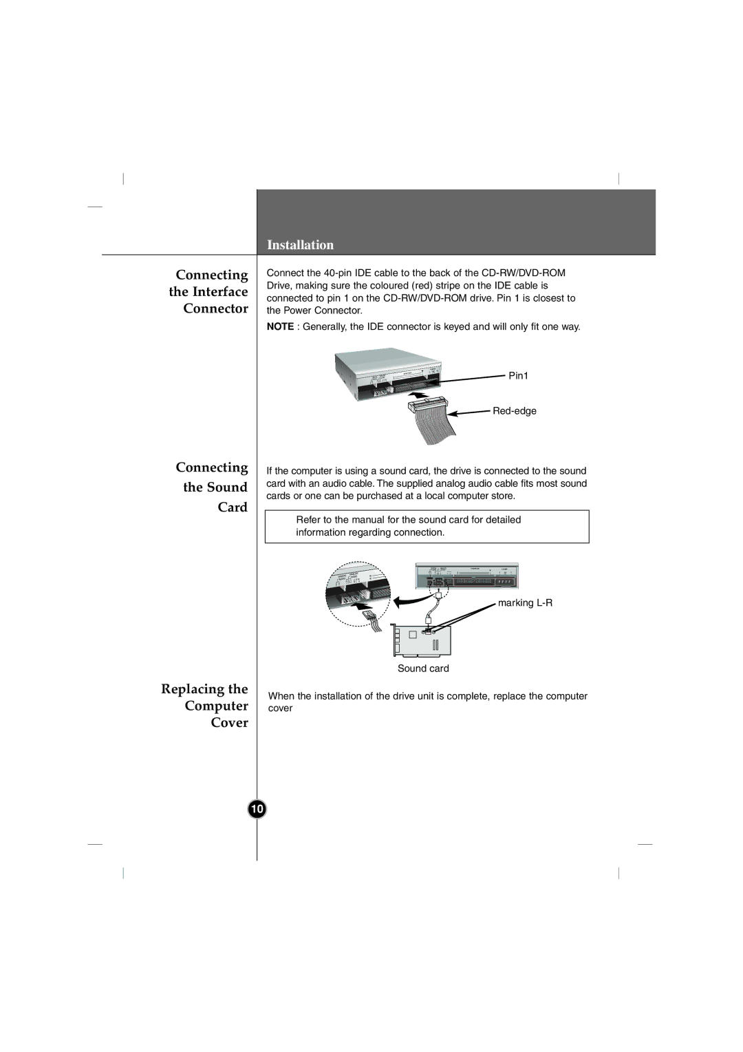 LG Electronics GCC-4480B manual Interface, Connecting Sound Card, Replacing Computer Cover 