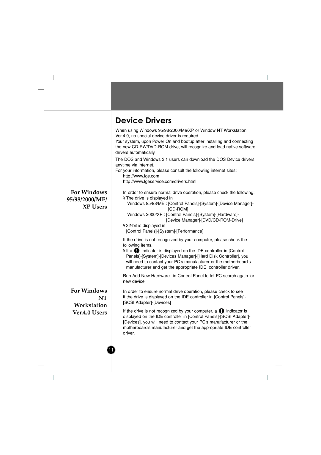 LG Electronics GCC-4480B manual Device Drivers, For Windows, XP Users, Workstation, Ver.4.0 Users 