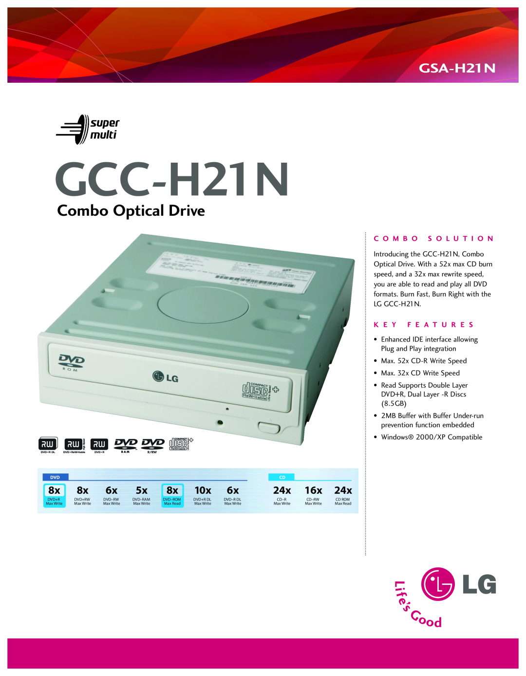 LG Electronics GCC-H21N manual Combo Optical Drive, GSA-H21N 