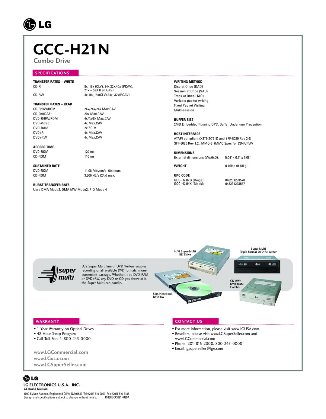 LG Electronics GCC-H21N manual Specifications, Warranty Contact US 