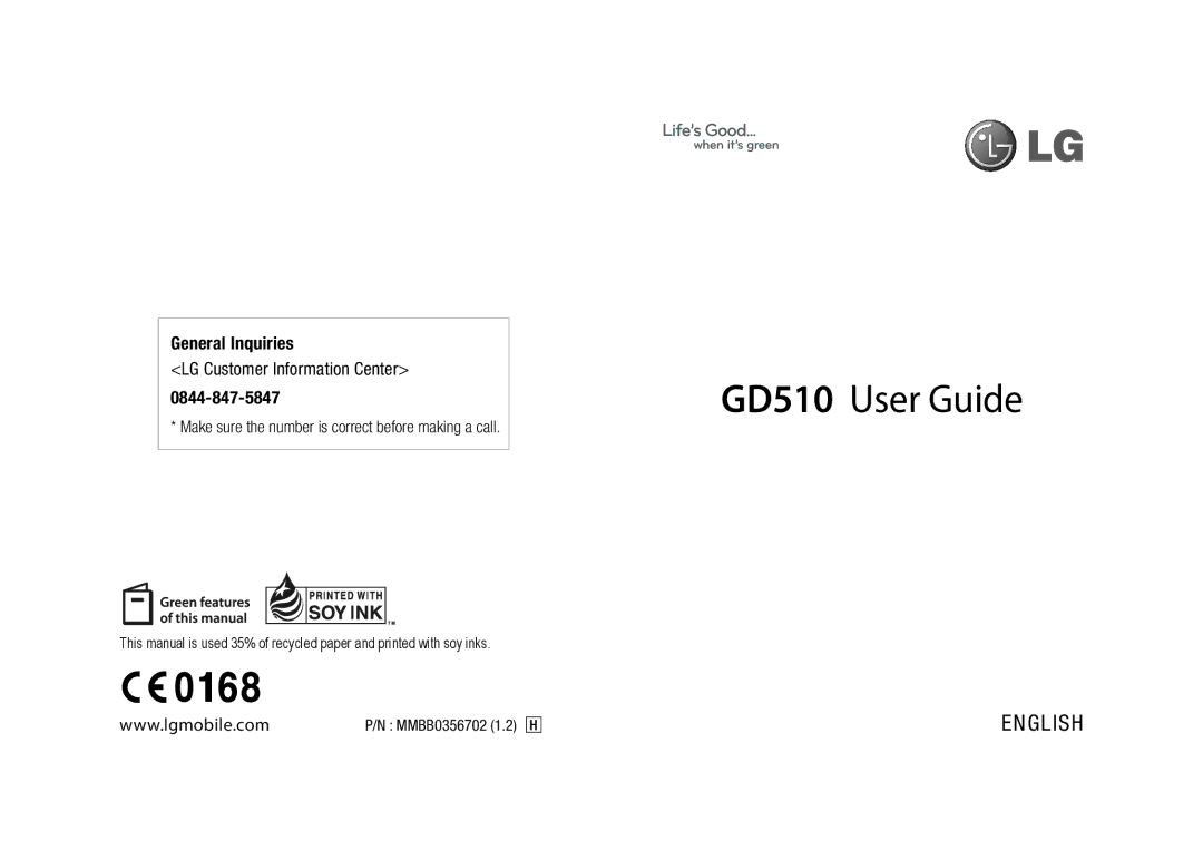 LG Electronics GD510 manual General Inquiries LG Customer Information Center 