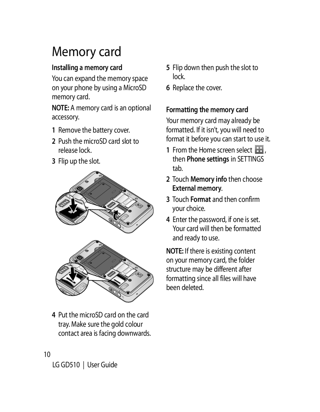 LG Electronics GD510 manual Memory card, Installing a memory card, Remove the battery cover, Flip up the slot 