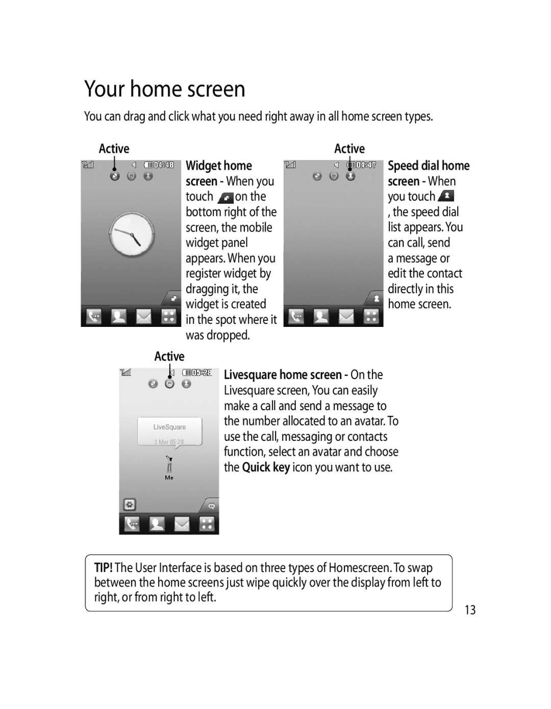 LG Electronics GD510 manual Your home screen, Active 