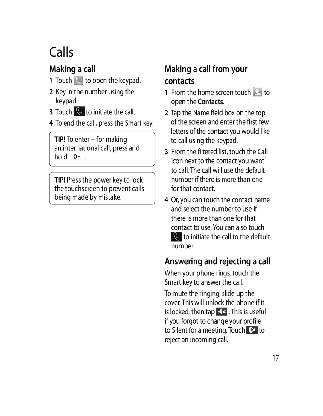 LG Electronics GD510 manual Calls, Making a call from your contacts, Answering and rejecting a call 