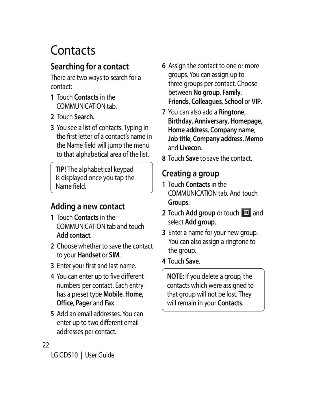 LG Electronics GD510 manual Contacts, Searching for a contact, Adding a new contact, Creating a group 