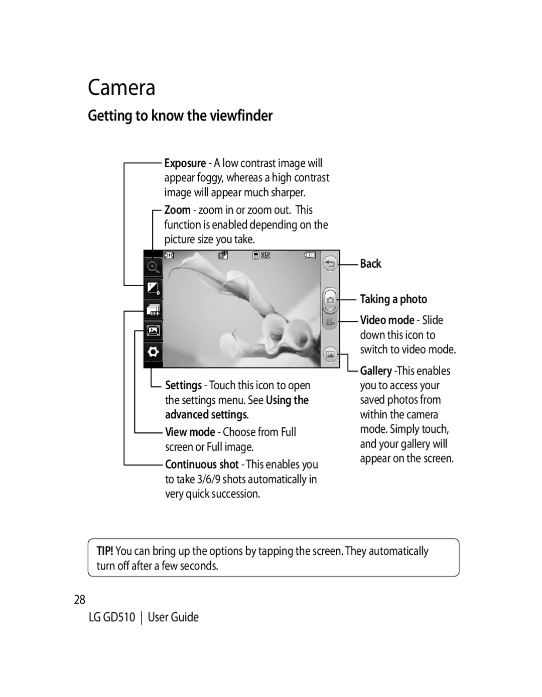 LG Electronics GD510 manual Camera, Getting to know the viewfinder, Back Taking a photo 