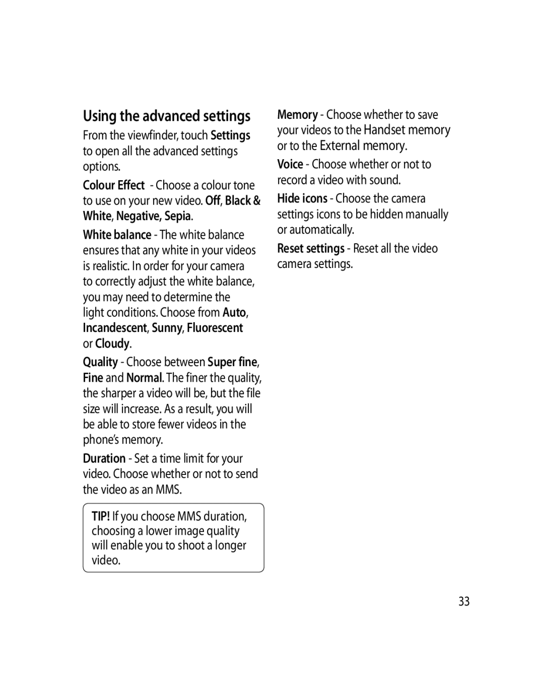 LG Electronics GD510 manual Using the advanced settings, Reset settings Reset all the video camera settings 