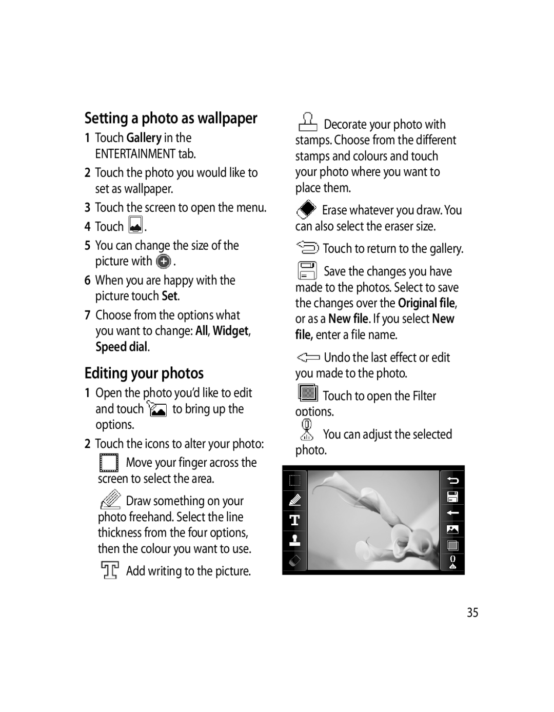 LG Electronics GD510 manual Editing your photos, Setting a photo as wallpaper, Touch to bring up the options 