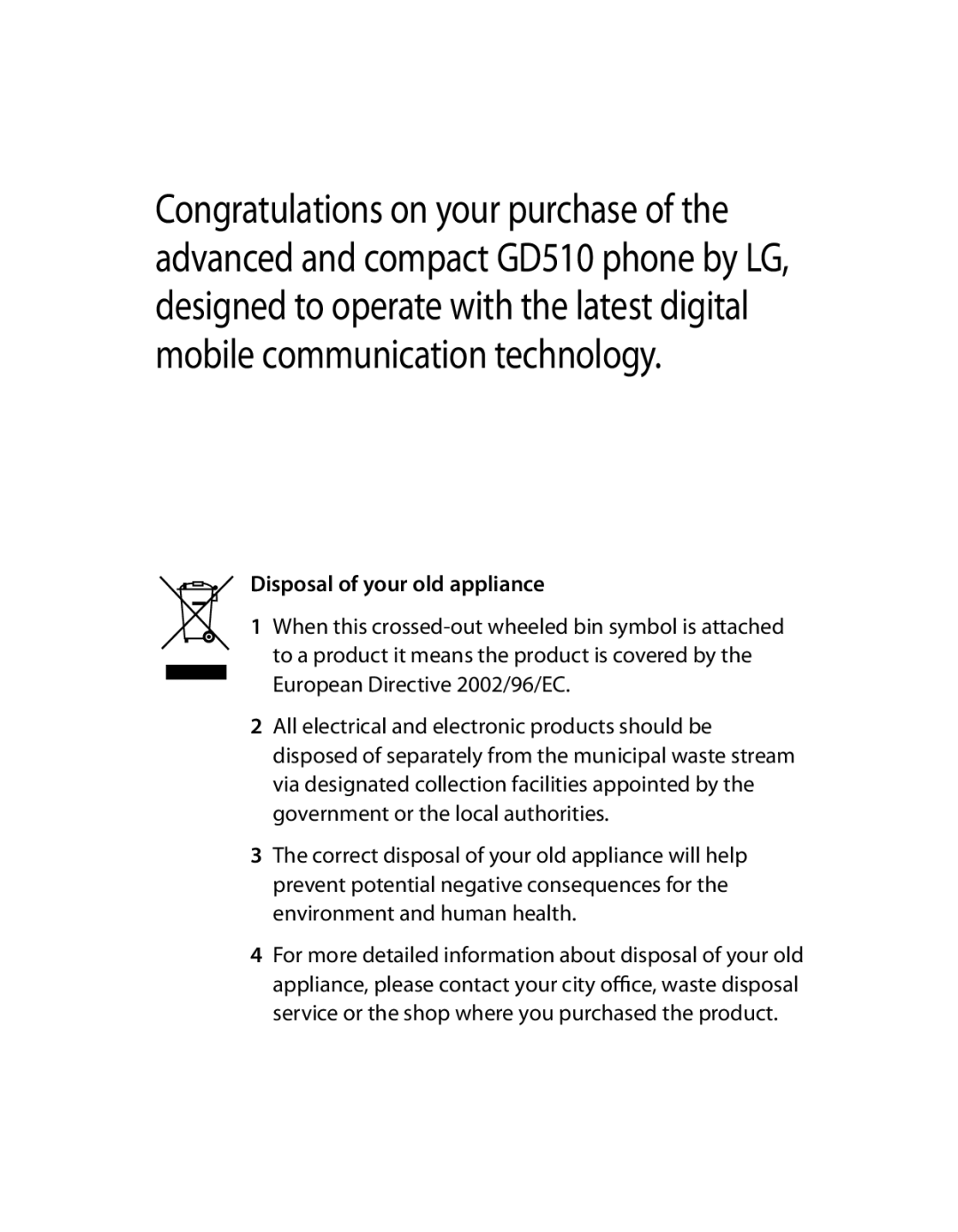 LG Electronics GD510 manual Disposal of your old appliance 