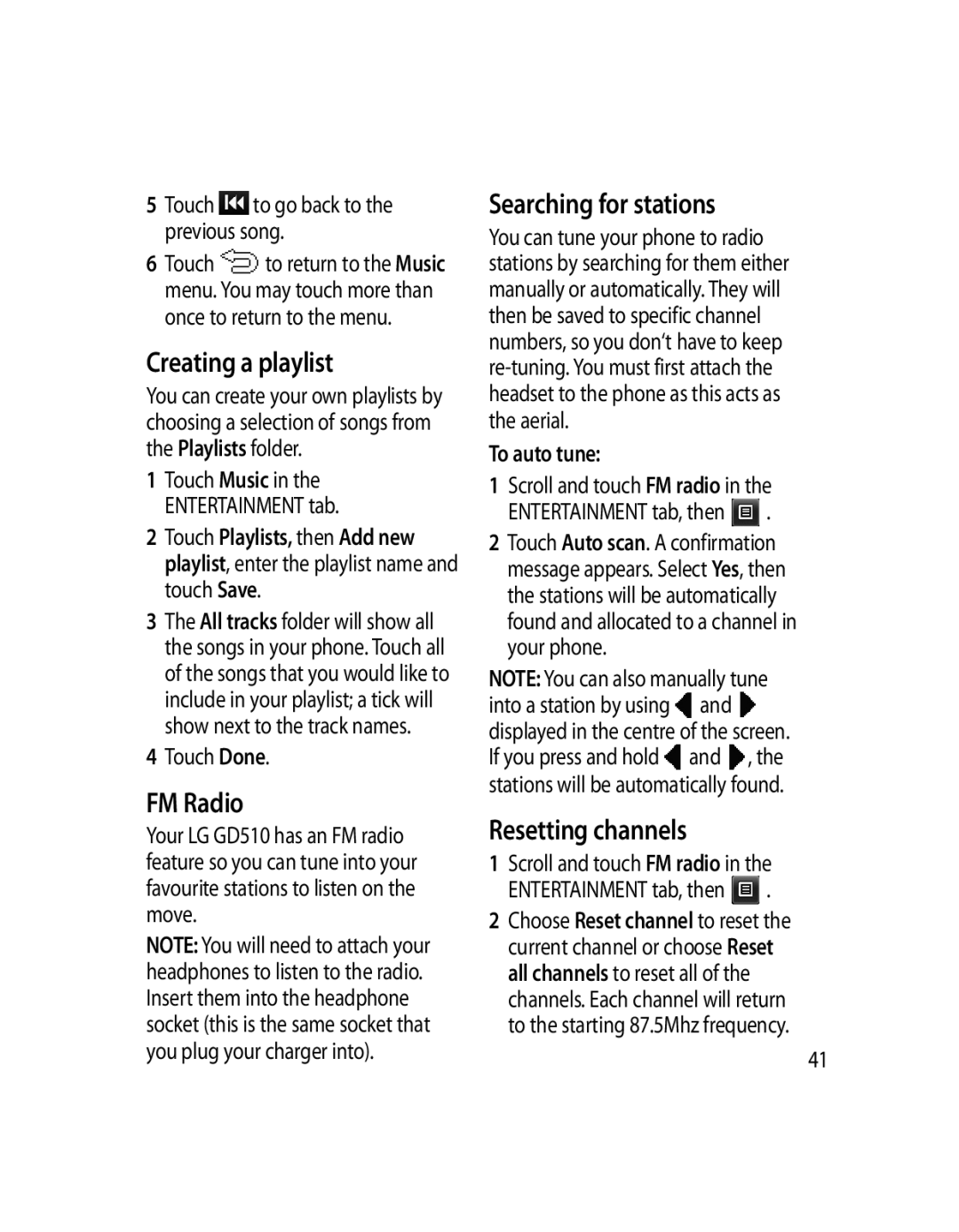 LG Electronics GD510 manual Creating a playlist, FM Radio, Searching for stations, Resetting channels, To auto tune 