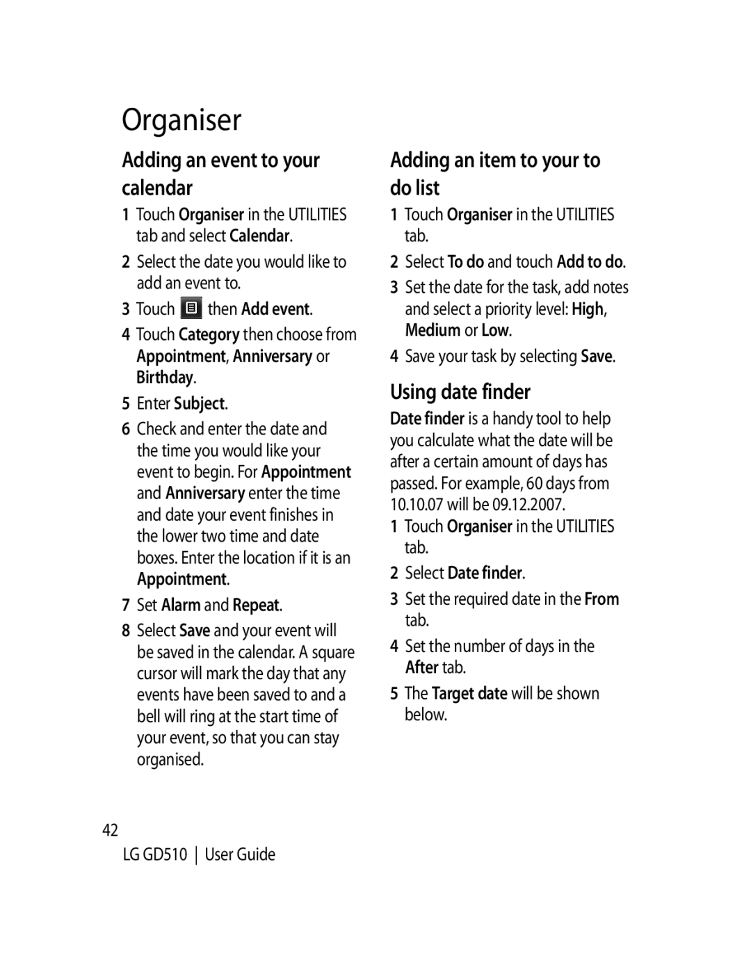 LG Electronics GD510 Organiser, Adding an event to your calendar, Adding an item to your to do list, Using date finder 