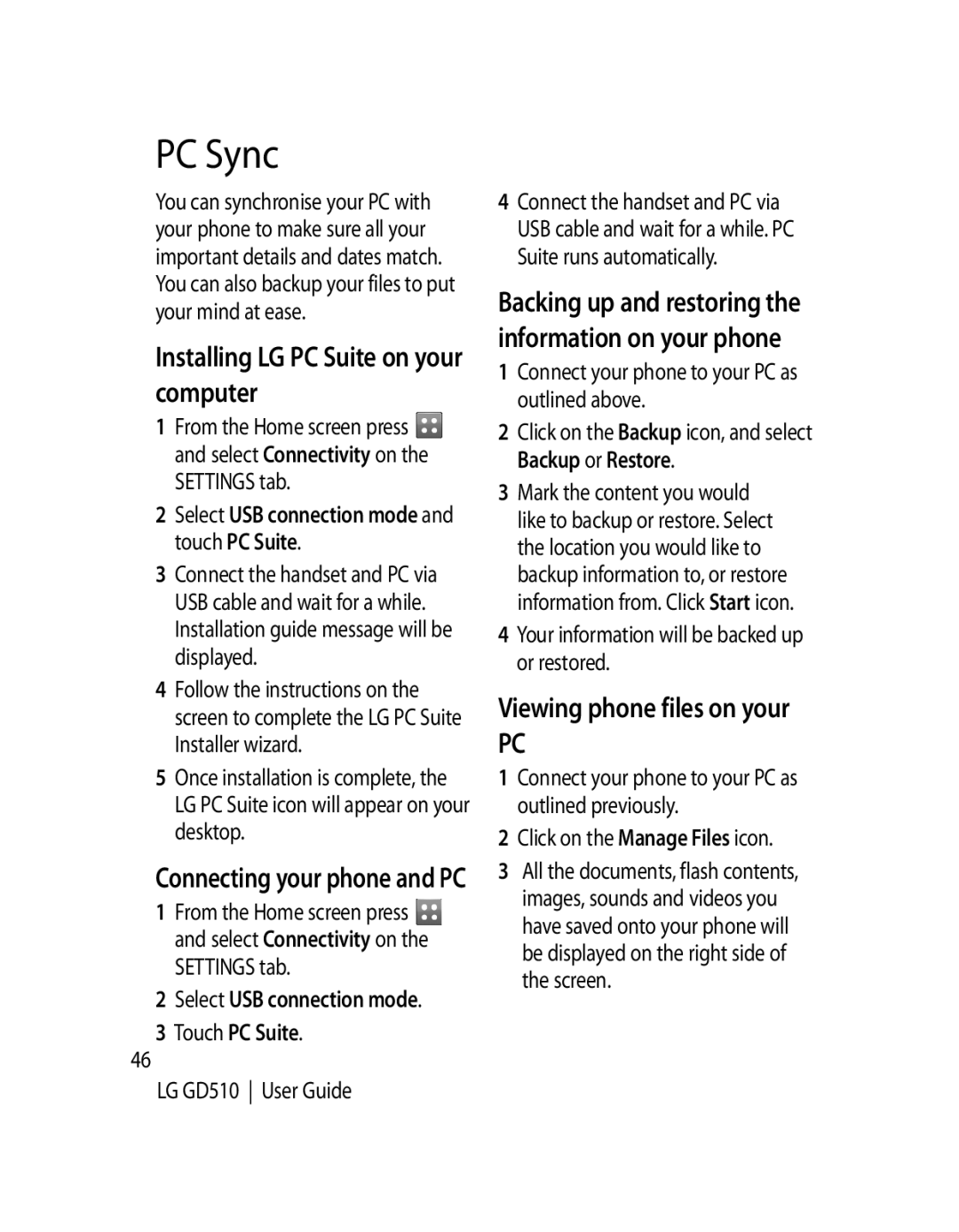 LG Electronics GD510 manual PC Sync, Installing LG PC Suite on your computer, Touch PC Suite, Viewing phone files on your 