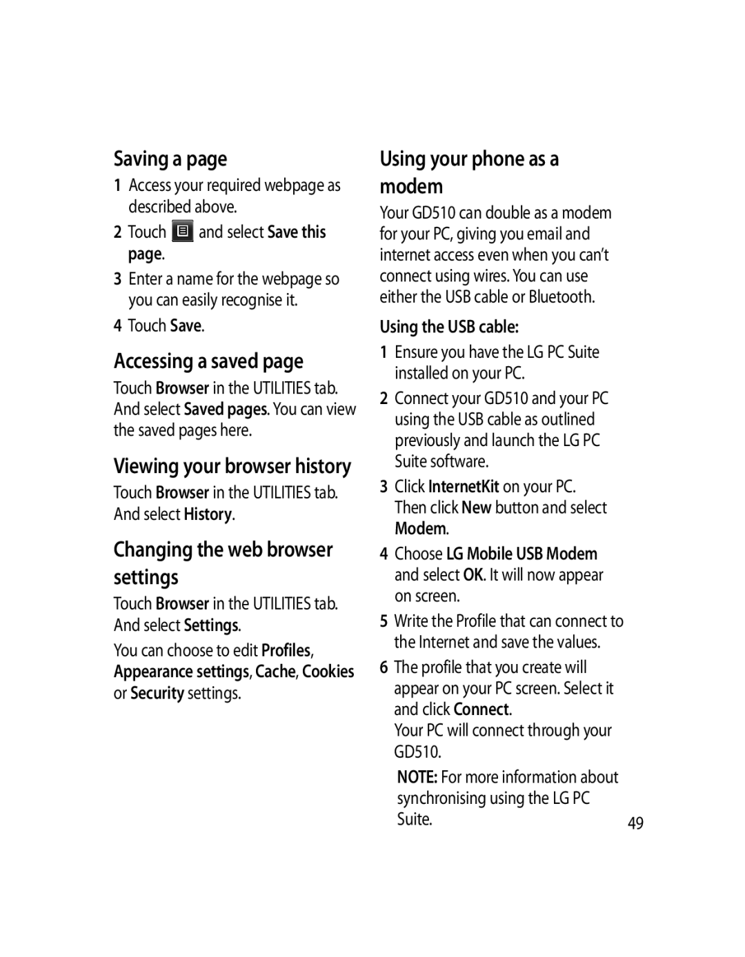 LG Electronics GD510 manual Saving a, Accessing a saved, Changing the web browser settings, Using your phone as a modem 