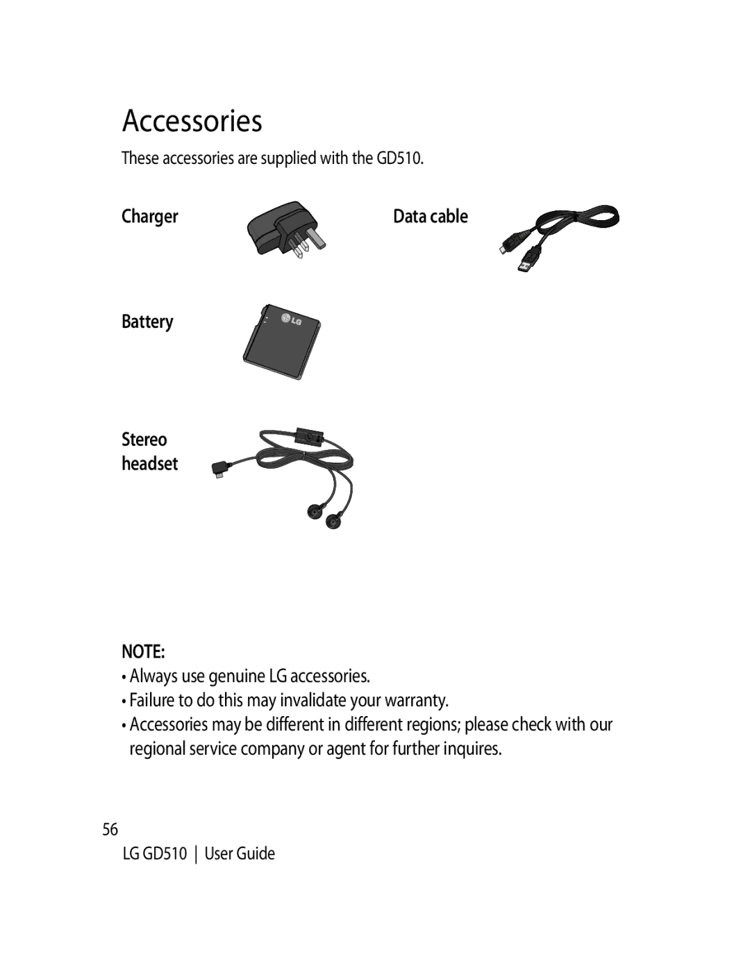 LG Electronics manual Accessories, These accessories are supplied with the GD510, Stereo headset 