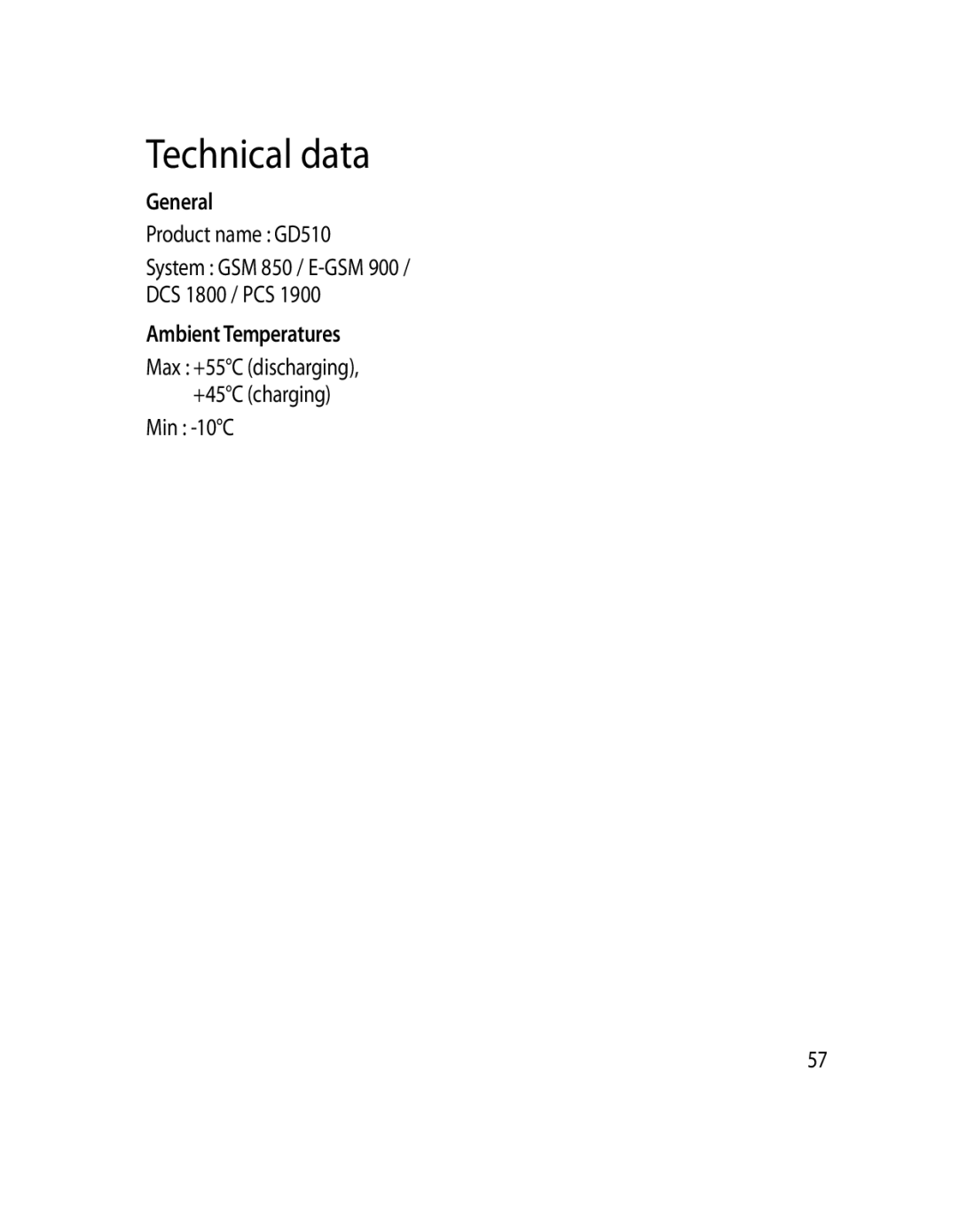 LG Electronics manual Technical data, General, Product name GD510, Ambient Temperatures 