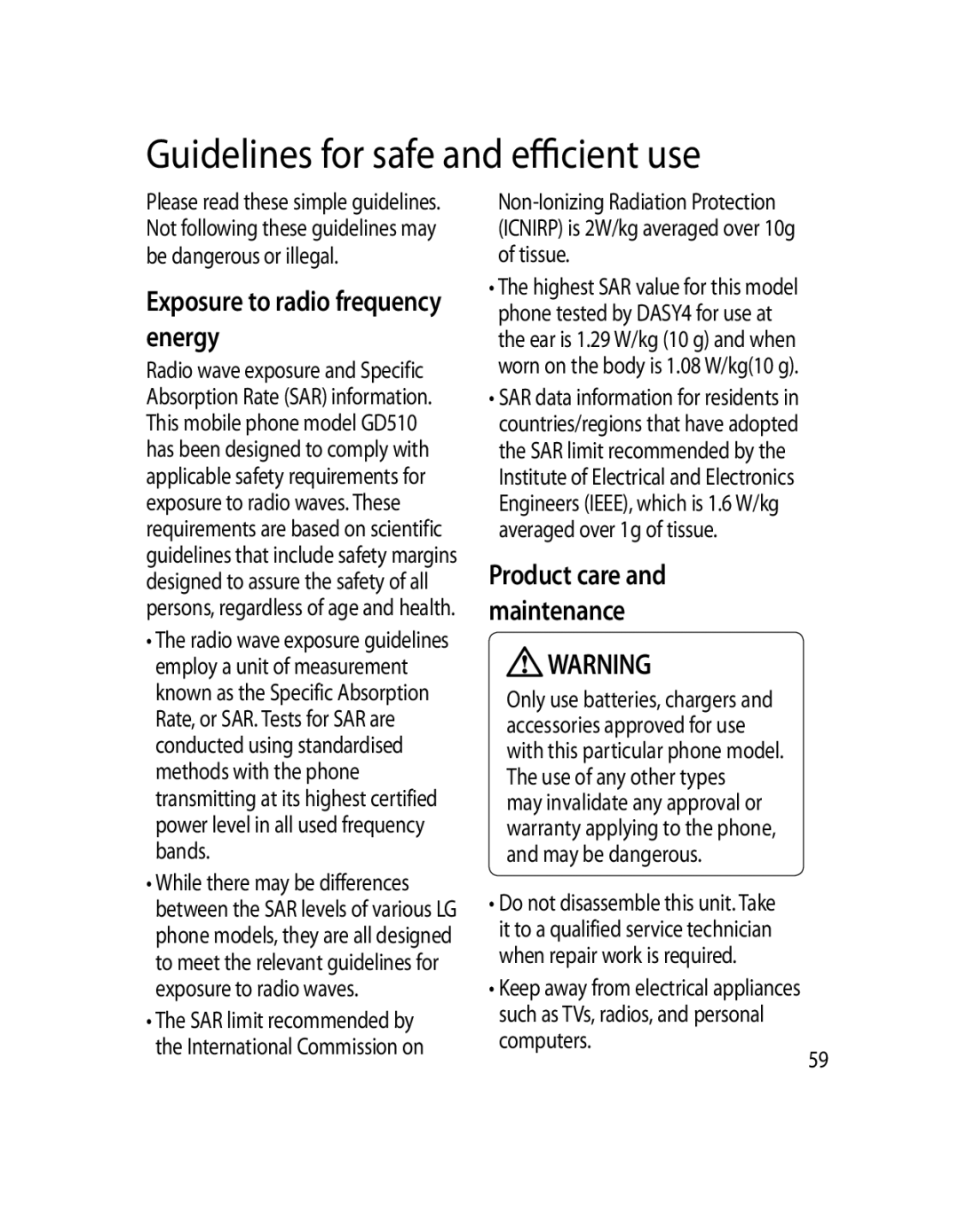 LG Electronics GD510 manual Guidelines for safe and efficient use, Exposure to radio frequency energy 