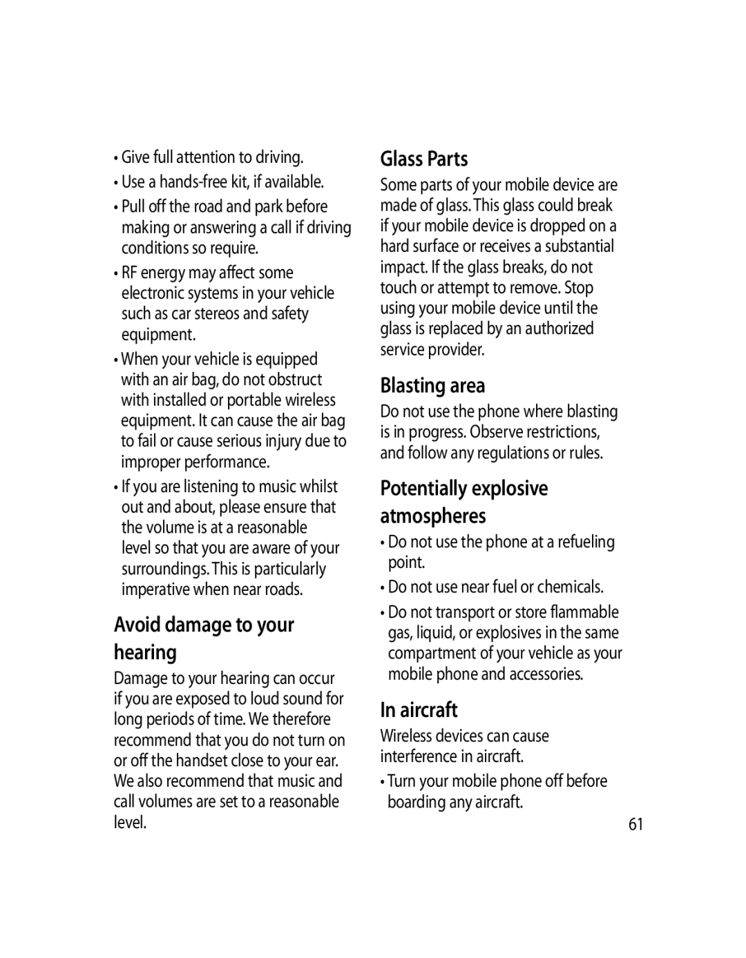 LG Electronics GD510 manual Avoid damage to your hearing, Glass Parts, Blasting area, Aircraft 