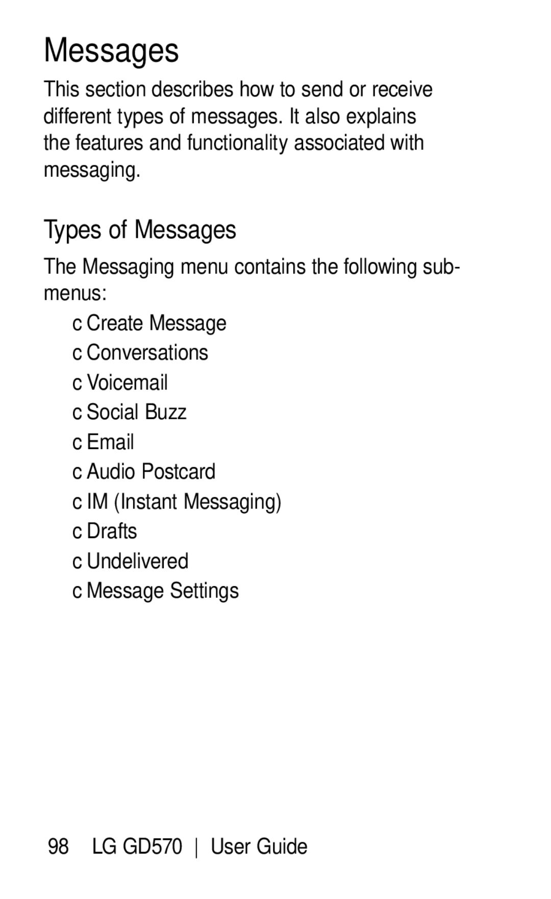 LG Electronics GD570 manual Types of Messages 