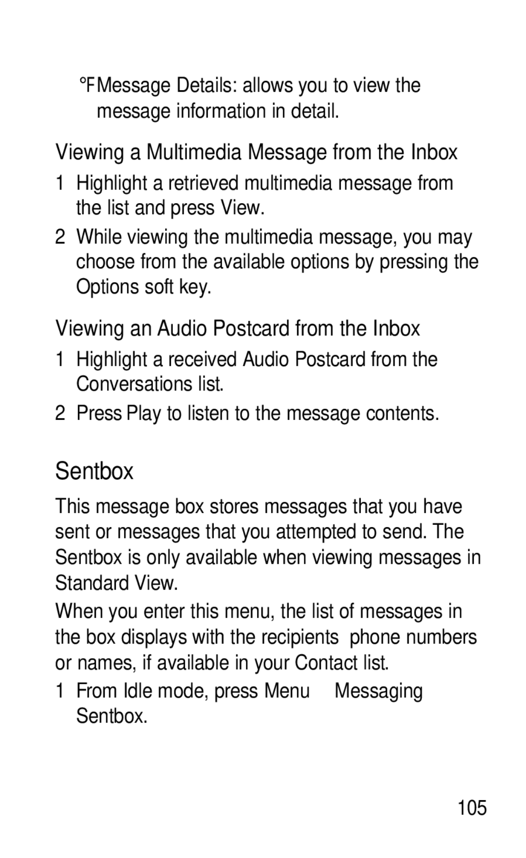 LG Electronics GD570 manual Sentbox, Viewing a Multimedia Message from the Inbox, Viewing an Audio Postcard from the Inbox 