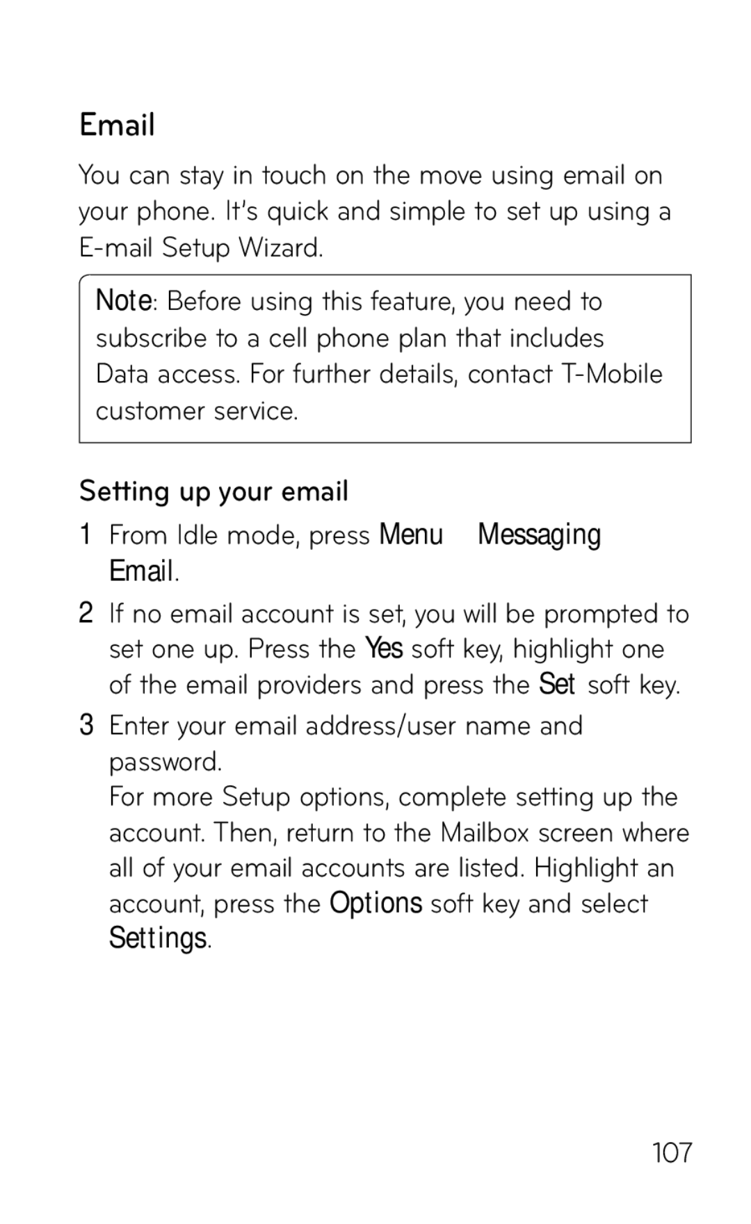 LG Electronics GD570 manual Setting up your email, From Idle mode, press Menu g Messaging g Email 