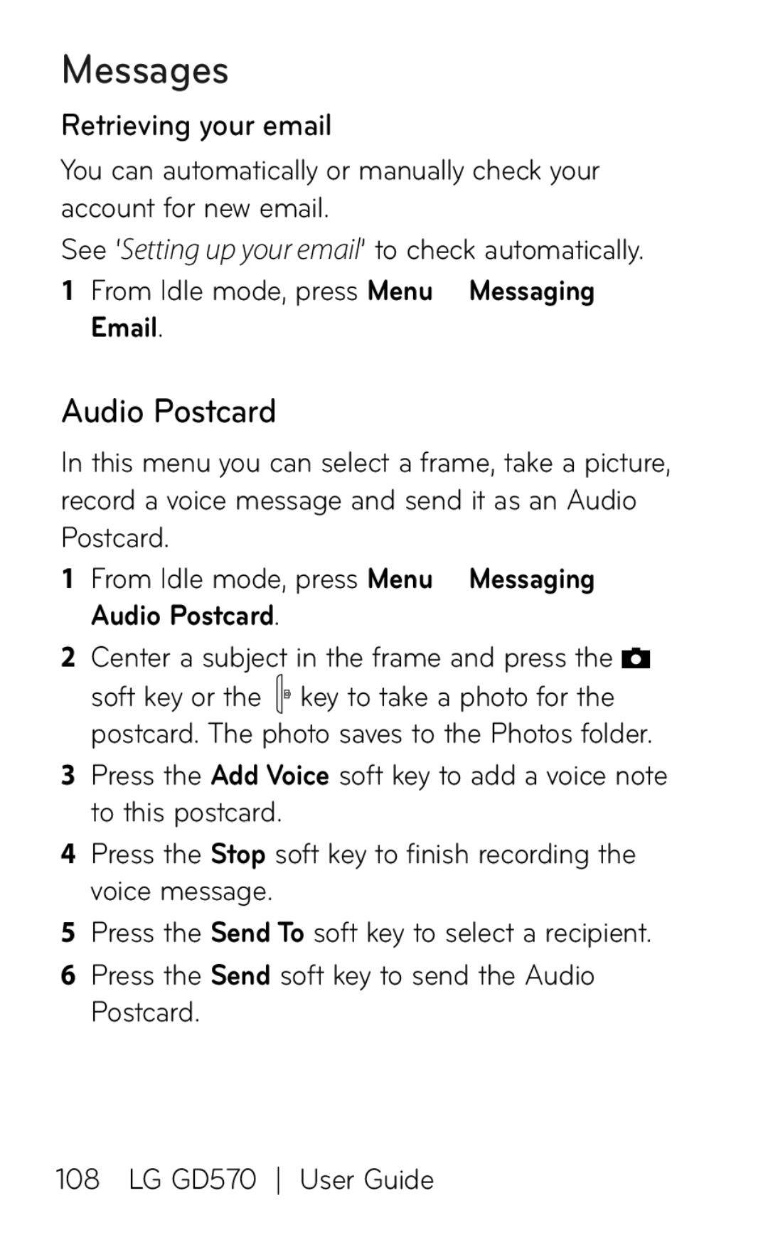 LG Electronics GD570 manual Audio Postcard, Retrieving your email 