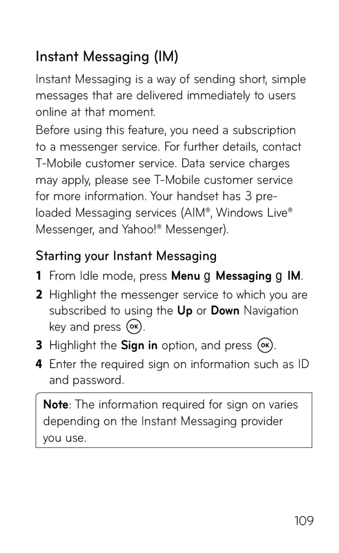 LG Electronics GD570 manual Instant Messaging IM, Starting your Instant Messaging 