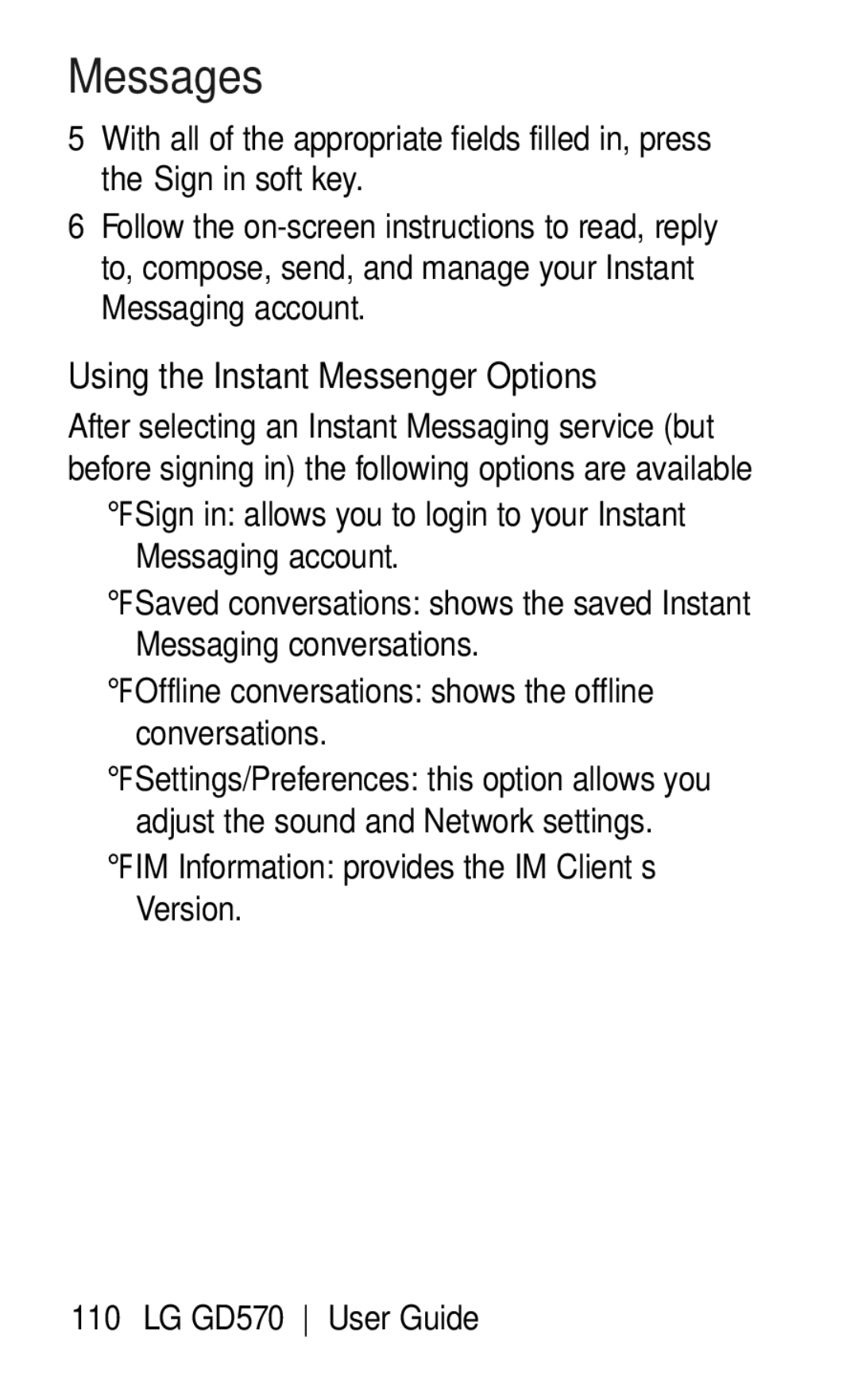 LG Electronics GD570 manual Using the Instant Messenger Options 